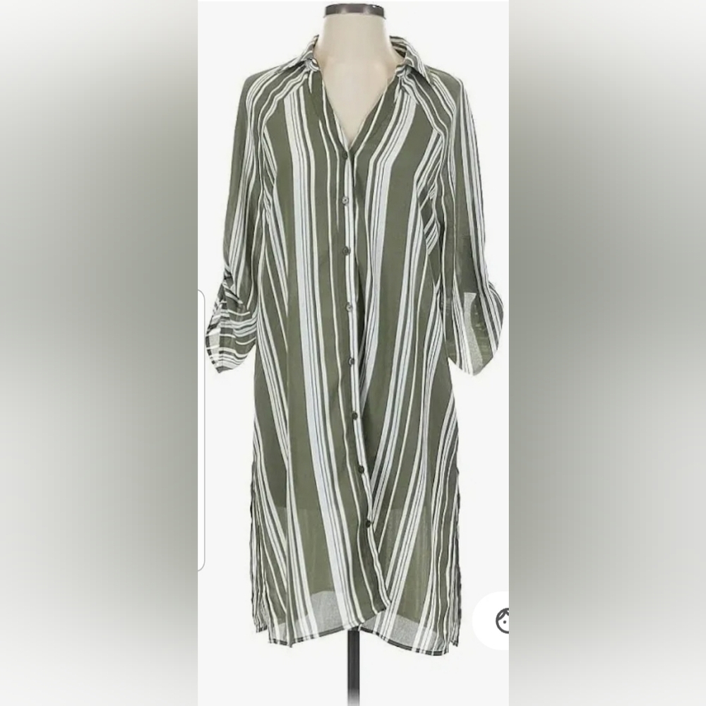 🌺#0002🤙Olive & Oak Green Striped Button-Down Shirt Dress🌸CASE#AEL4G